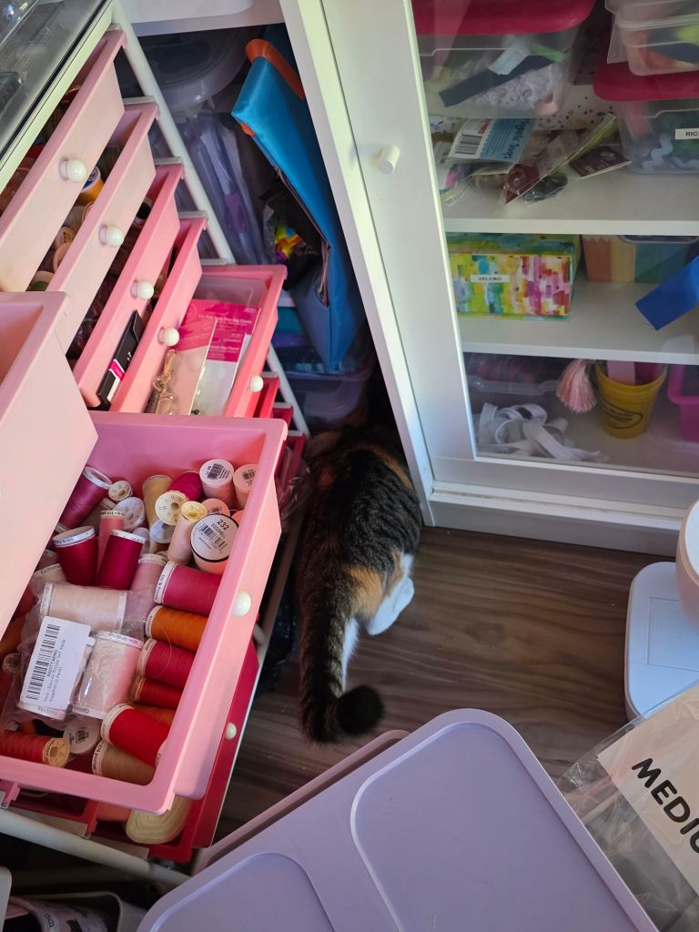 A cluttered craft space featuring pink drawers filled with colorful threads and supplies, with a cat exploring near the bottom of a cabinet.