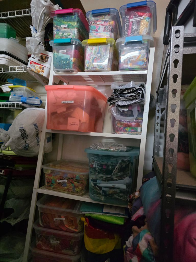 A storage area with a white shelving unit containing clear plastic bins of various colors and sizes, organized by labels, with additional fabric rolls and bags in the background.